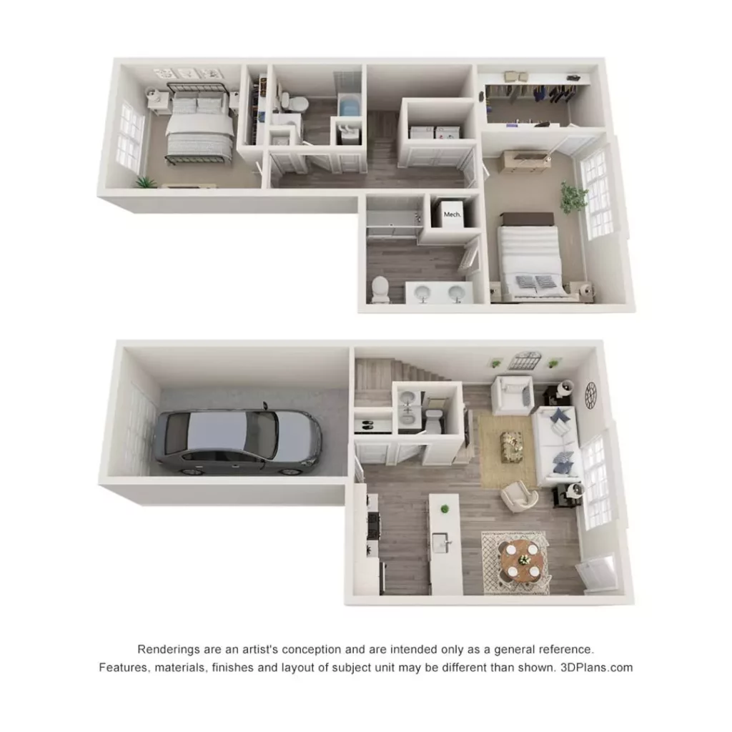 The Mill at Riverside Floor Plan - Two-Story Townhome 2 Bedroom, 2.5 Bath, 1,096 square feet