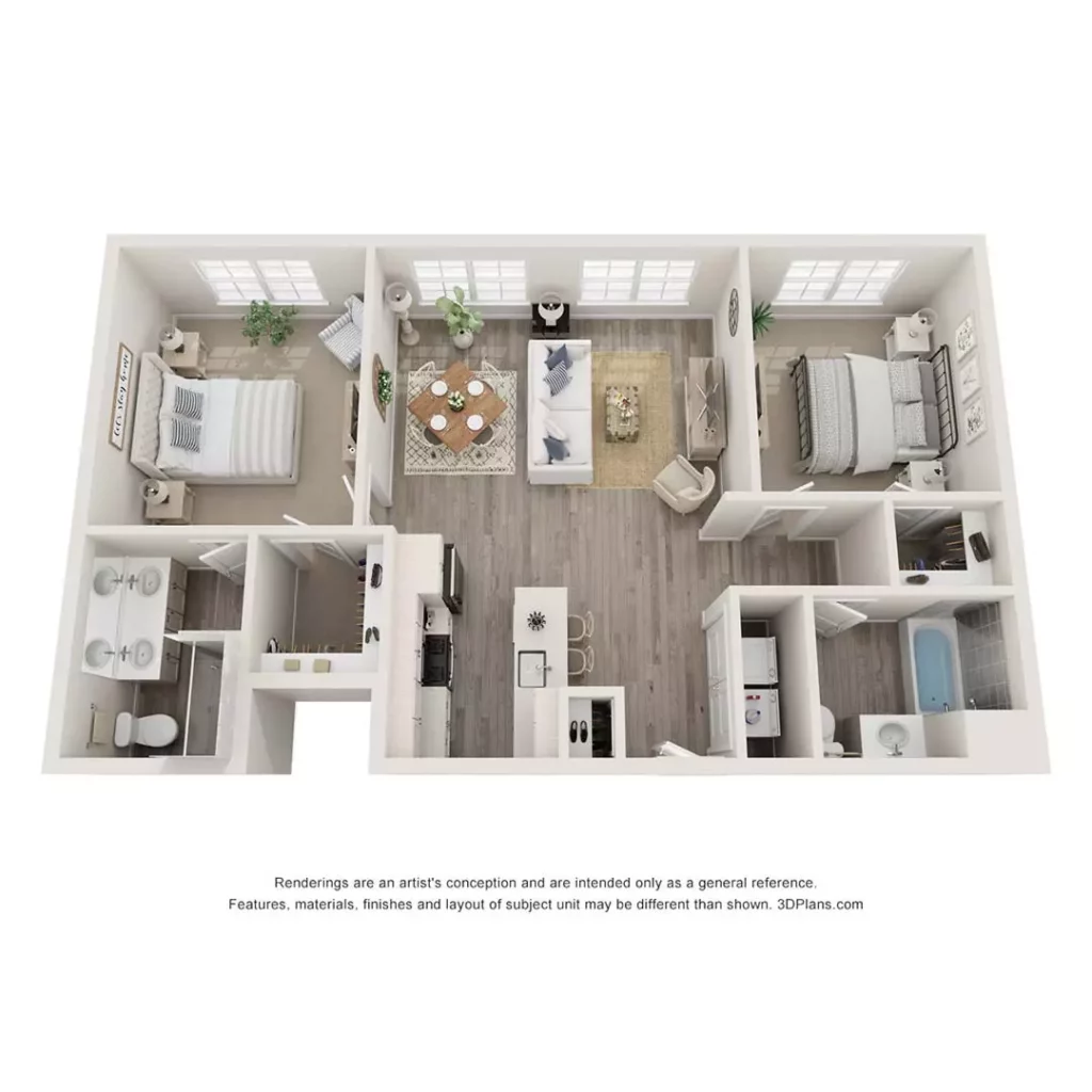 The Mill at Riverside Floor Plan - Taubel - 2 Bedroom, 2 Bath, 996 square feet